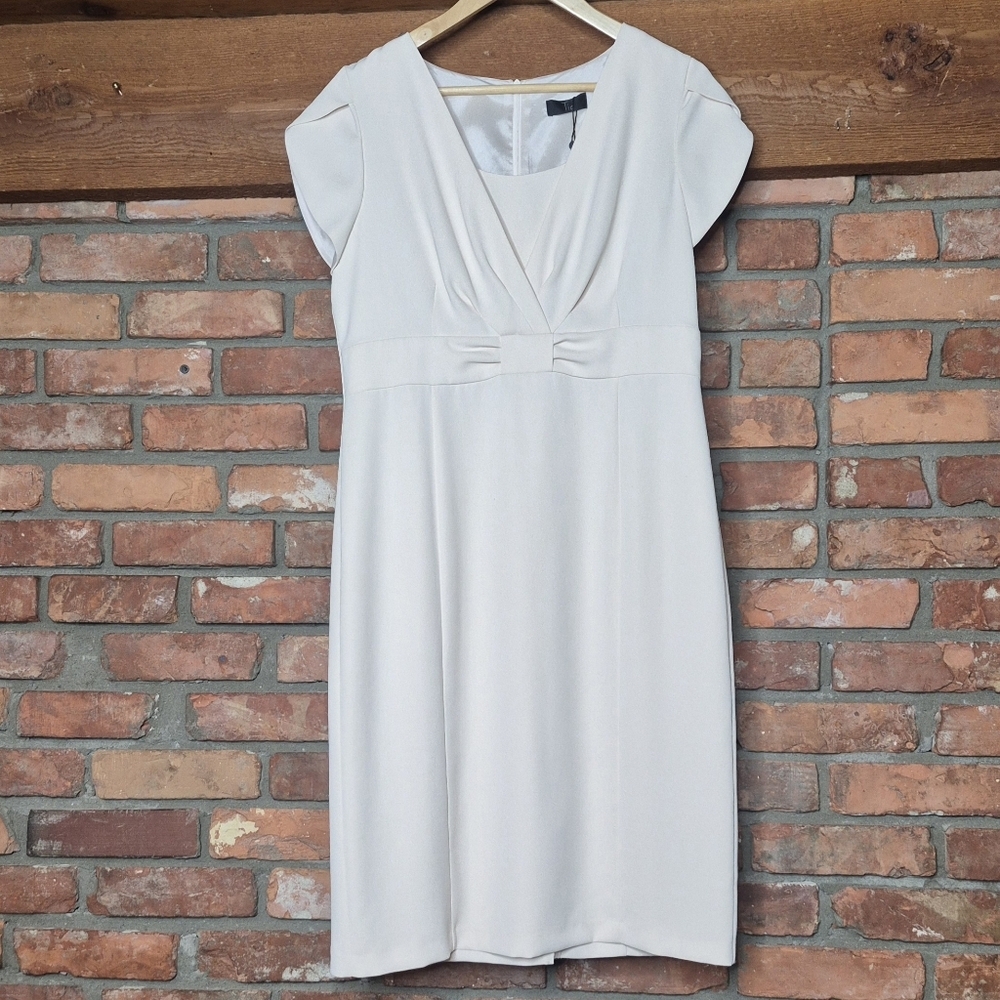 Tia London Cream Draped Midi Dress NWT Size 10 Elegant Wedding Guest Luxury